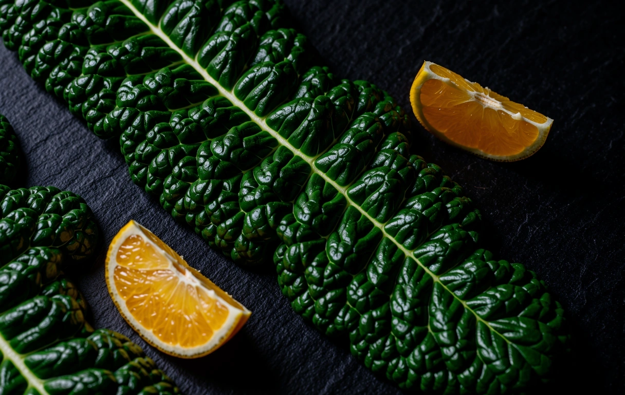 Dettaglio vibrante di agrumi e kale