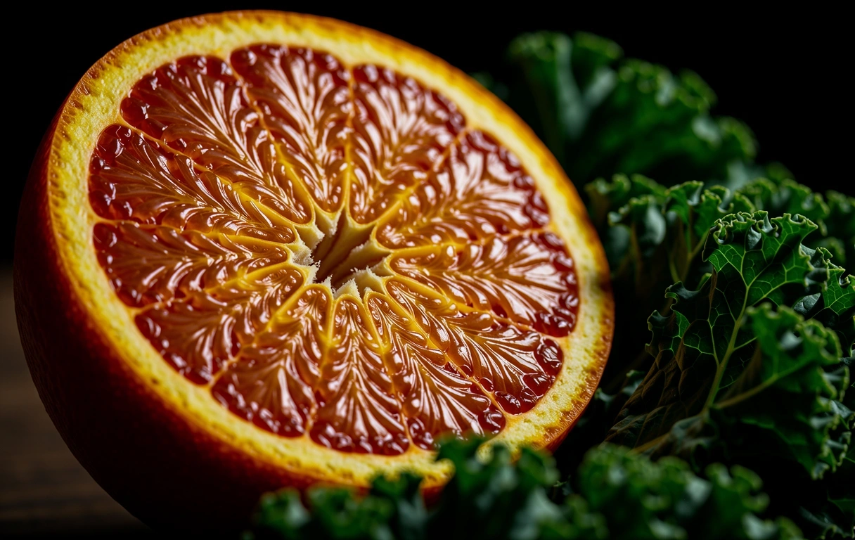 Dettaglio macro di agrumi e kale